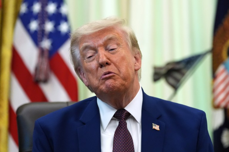 President Donald Trump speaks in the Oval Office.