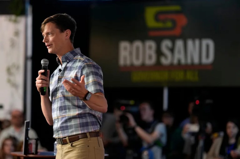 Iowa Democratic gubernatorial candidate Rob Sand speaks during a campaign rally, Sunday, June 7, 2026, in Des Moines, Iowa. (AP Photo/Charlie Neibergall)