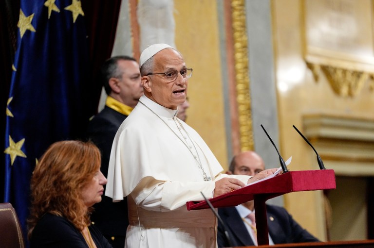 Pope Leo XIV delivers his speech as he meets with members of the Spanish Parliament at the Congress of Deputies, in Madrid, Monday, June 8, 2026.