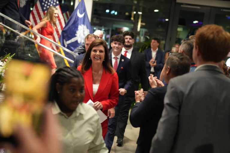South Carolina Lt. Gov. Pamela Evette arrives to speak at an election night watch party after advancing to a GOP primary runoff in the governor's race on Tuesday, June 9, 2026, in Greenville, S.C.
