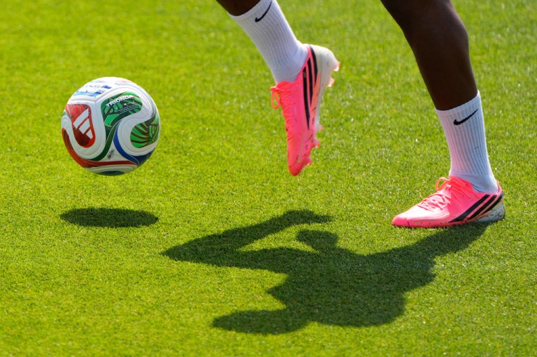 A Netherlands national team player practices for the World Cup soccer tournament, Wednesday, June 10, 2026 in Riverside, Missouri.