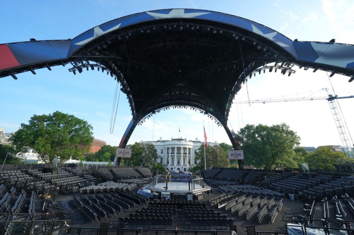The arena for the UFC Freedom 250 fights on the South Lawn of the White House is photographed Thursday, June 11, 2026, in Washington. (AP Photo/Alex Brandon)