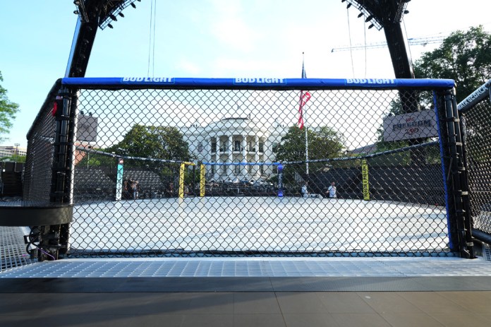 The arena for the UFC Freedom 250 fights on the South Lawn of the White House is photographed Thursday, June 11, 2026, in Washington. (AP Photo/Alex Brandon)