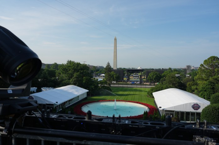 The Ellipse and the Washington Monument are seen in the background from arena on the South Lawn of the White House for the UFC Freedom 250 fights, Thursday, June 11, 2026, in Washington. (AP Photo/Alex Brandon)