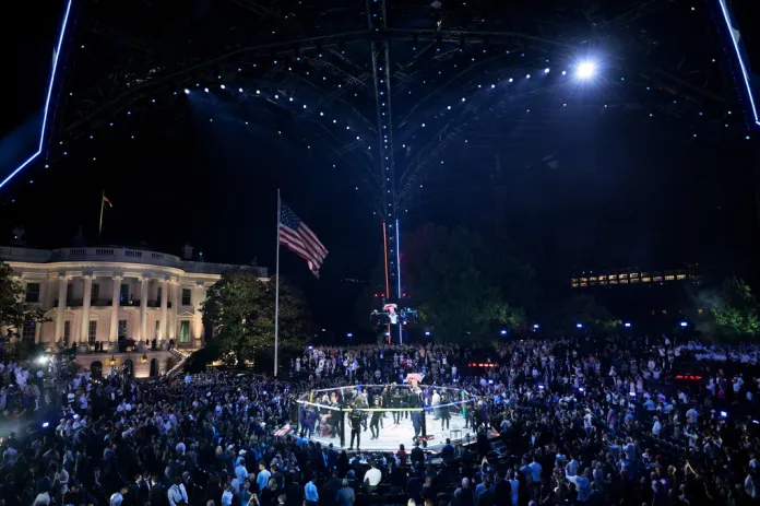 Justin Gaethje celebrates defeating Ilia Topuria in their lightweight championship bout at UFC Freedom 250 on the South Lawn of the White House in Washington, Monday, June 15, 2026.