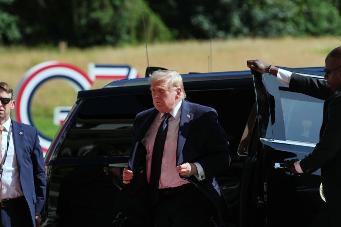 U.S. President Donald Trump arrives for the G7 summit in Evian-les-Bains, France, Monday, June 15, 2026. (AP Photo/Thibault Camus)