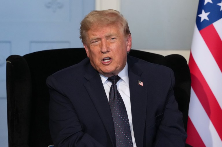 President Donald Trump speaks as he meets with French President Emmanuel Macron during a bilateral meeting on the sidelines of the G7 summit, Monday, June 15, 2026, in Evian-les-Bains, France.