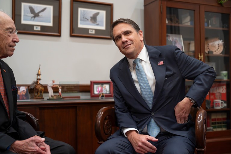 Todd Blanche, right, President Donald Trump's nominee to be attorney general, listens as reporters ask questions during his meeting with Senate Judiciary Committee Chairman Chuck Grassley, R-Iowa, left, at the Capitol in Washington, Monday, June 15, 2026. (AP Photo/J. Scott Applewhite)