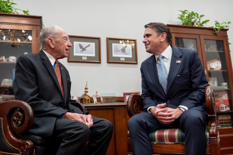Senate Judiciary Committee Chairman Chuck Grassley, R-Iowa, left, meets with Todd Blanche