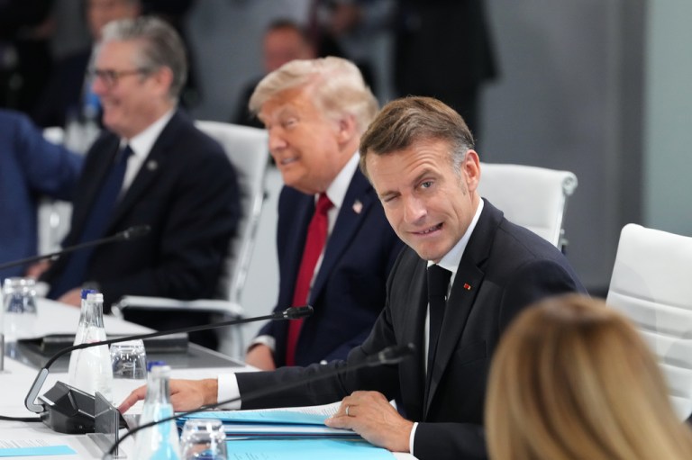 British Prime Minister Keir Starmer, President Donald Trump, French President Emmanuel Macron and Italian Prime Minister Giorgia Meloni during a working session at the G7 summit in Evian-les-Bains, France, Wednesday, June 17, 2026.