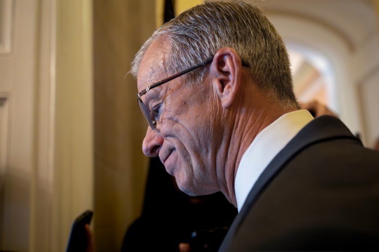 Senate Majority Leader John Thune, R-S.D., arrives at his office after President Donald Trump said he is delaying Jay Clayton's nomination to lead the U.S. intelligence community, at the Capitol in Washington, Wednesday, June 17, 2026.