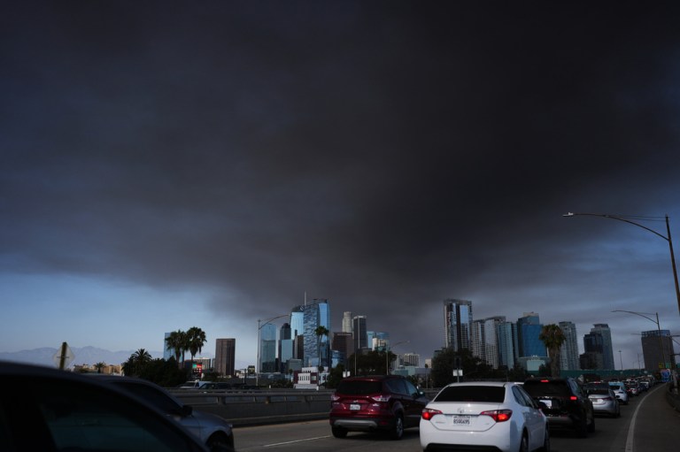 The Los Angeles sky filled with smoke as a warehouse fire in the Boyle Heights neighborhood continues.