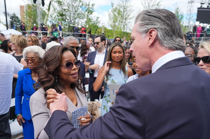 Gavin Newsom and Oprah Winfrey at Obama Presidential Center