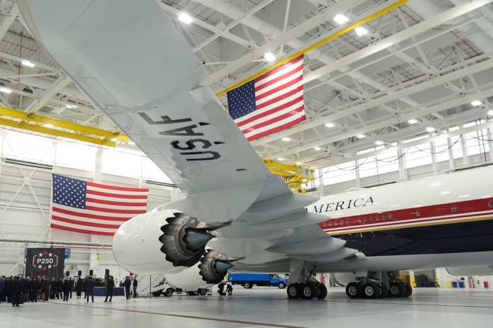 The newly designated Air Force One presidential aircraft sits in a hangar following a tour by President Donald Trump at Joint Base Andrews, Md., Friday, June 19, 2026.