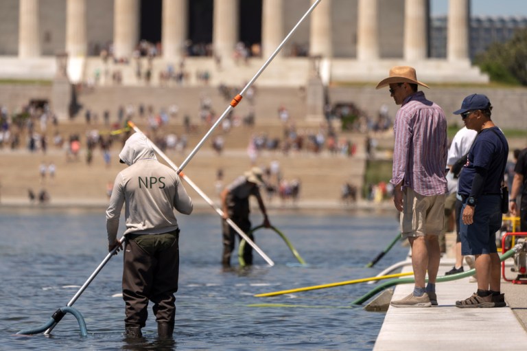A picture of workers in the Lincoln Memorial Reflecting Pool on June 20.