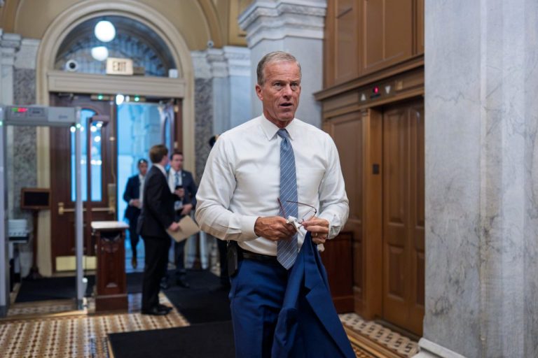 Senate Majority Leader John Thune, R-S.D., arrives at the Capitol in Washington, Tuesday, June 23, 2026, as he prepares for a meeting with President Donald Trump. (AP Photo/J. Scott Applewhite)