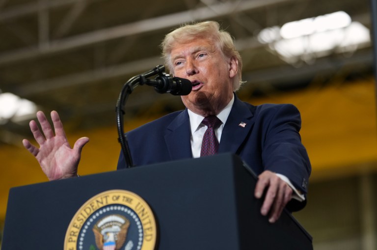 President Donald Trump speaks at a Mack Trucks facility in Macungie, Pennsylvania, on June 23, 2026.