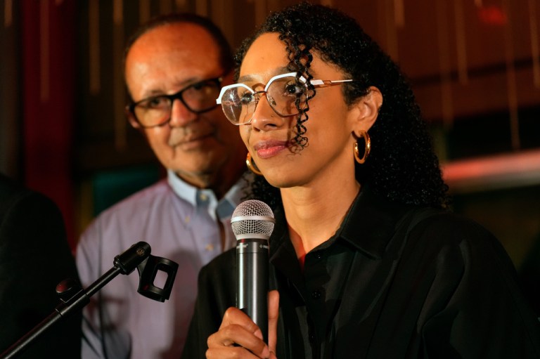 Democratic congressional candidate Darializa Avila Chevalier speaks to her supporters during an election night watch party Tuesday, June 23, 2026, in New York. (AP Photo/Seth Wenig)