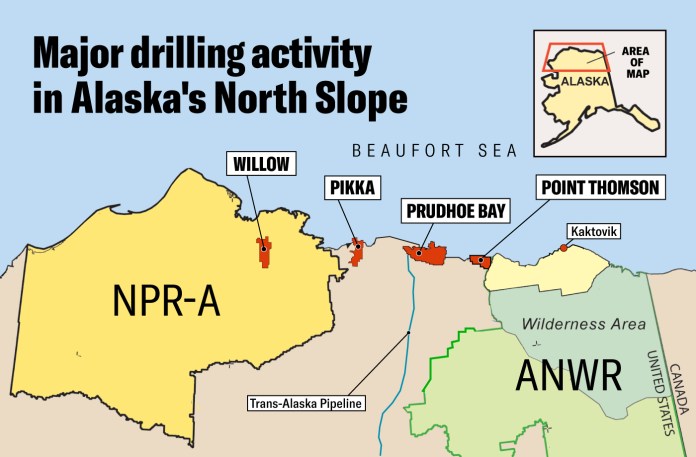 A map of drilling activity in Alaska's North Slope.