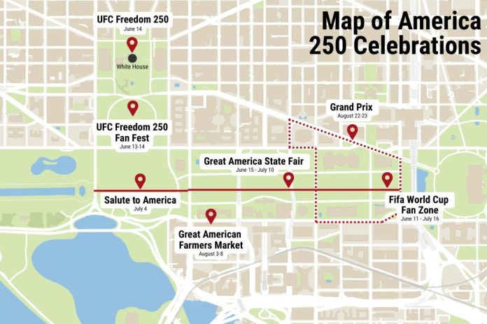 America 250 celebrations map