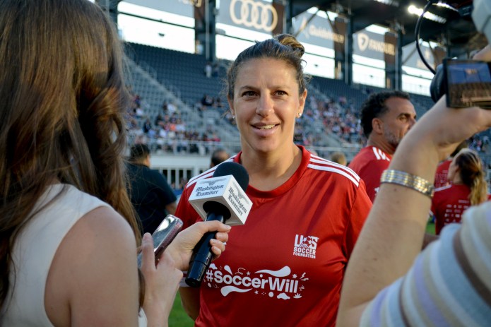 Two-time FIFA World Cup champion and two-time Olympic gold medalist Carli Lloyd talks with the Washington Examiner. (Judith Y. Kim/Washington Examiner)