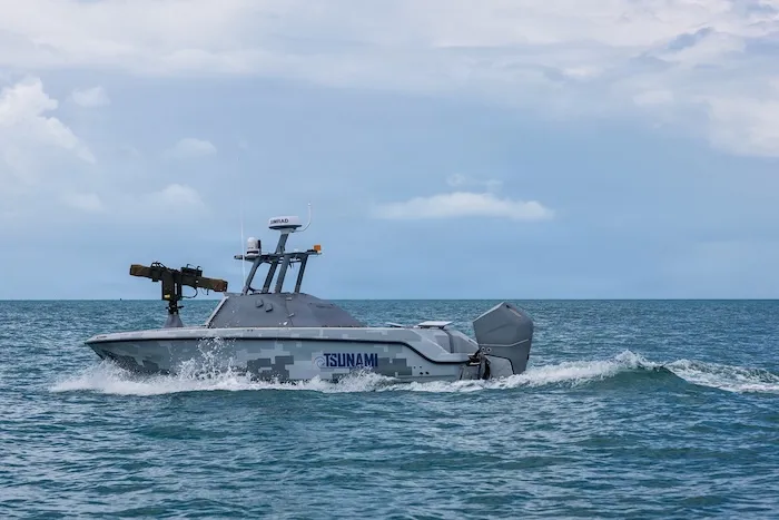 KEY WEST, Florida — An unmanned surface vehicle sails off the coast of Key West, Fla., during the annual Fleet Experimentation event, April 24, 2026. (U.S. Navy photo by Mass Communication Specialist 3rd Class Jasmin L. Aquino)
