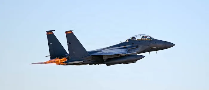An F-15E is seen in flight.