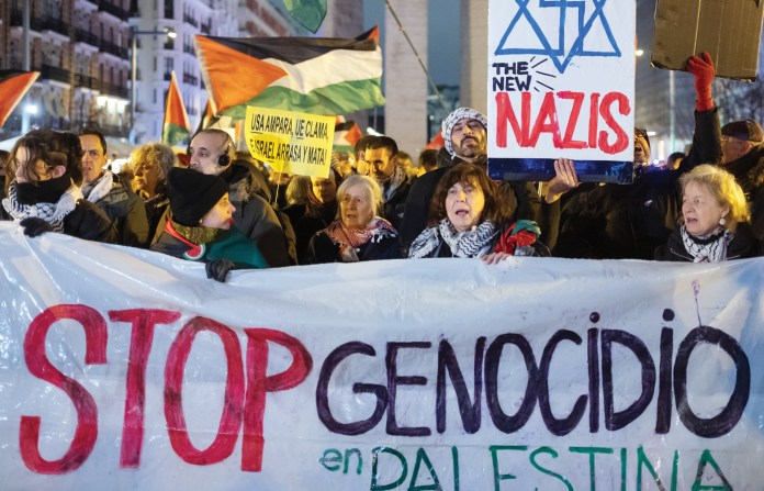 Anti-Israel slurs and ‘moral theft’ of the Holocaust on display, Madrid, Jan. 8, 2026, (Marcos del Mazo/LightRocket/Getty)