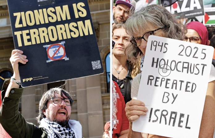 Anti-Israel slurs and ‘moral theft’ of the Holocaust on display, anti-Israel slurs and ‘moral theft’ of the Holocaust on display: 
Melbourne, Sept. 14, 2025 and London, Sept. 6, 2025. (Recep Sakar/Anadolu/Getty; Nicolas Economou/NurPhoto/Getty)