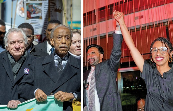At left, actor Robert De Niro and activist Al Sharpton at a ‘No Kings’ protest in Manhattan, March 28, 2026; at right, New York City Mayor Zohran Mamdani with Democratic congressional nominee Darializa Avila Chevalier on election night, June 23, 2026. (Lett, Erik McGregor/Lightrocket/Getty; right, Seth Wenig/AP)