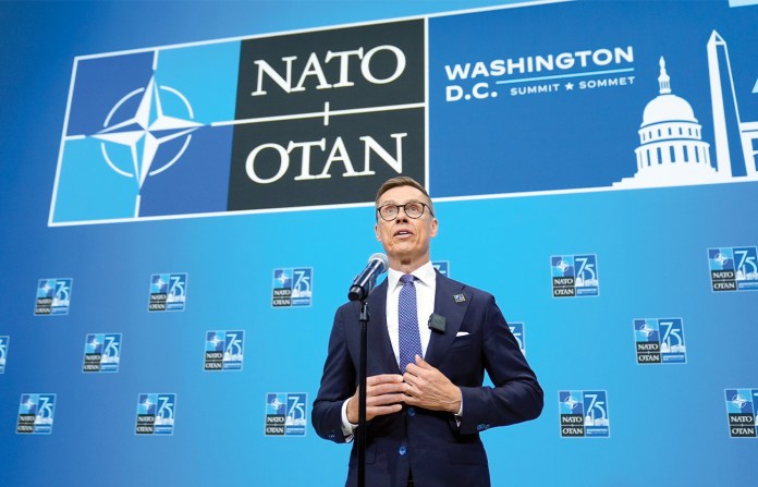 Finland President Alexander Stubb speaking at a NATO summit in Washington, D.C. on July 11, 2024. (Mark Schiefelbein/AP)