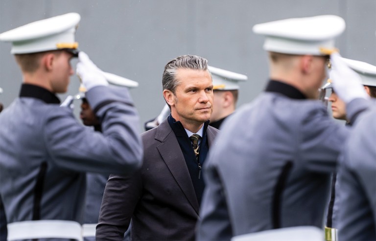 Secretary of War Pete Hegseth arrives to speak at commencement at the U.S. Military Academy in West Point, New York on May 23. (Adam Gray/Getty Images)