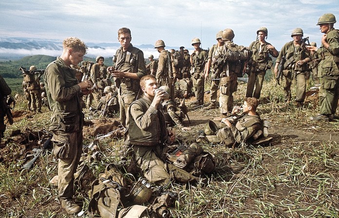 U.S. Marines relax on Hill 861 in South Vietnam after a three-day battle against North Vietnamese troops, April 29, 1967. (Bettmann/Getty Images)