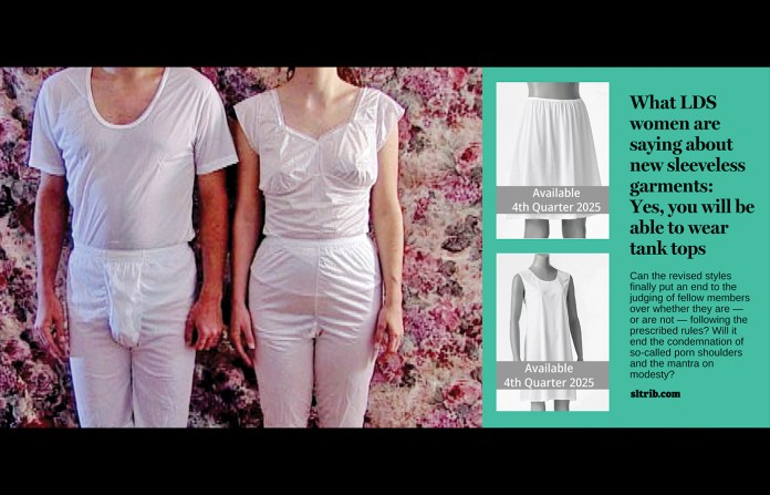 Left: an image fom Wikipedia of what are said to be traditional undergarments required by the Mormon church; Right: a screenshot from a Mormon Instagram account with photos of new, updated styles. (Wikipedia; Salt Lake Tribune via Instagram)