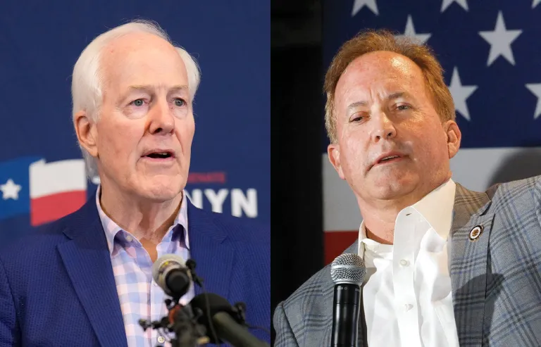At left, Sen. John Cornyn (R-TX) in Austin upon losing the GOP nomination for Senate, May 26, 2026; At right, Texas Attorney General Ken Paxton (R) campaigning in Dallas, Feb. 17, 2026. (Ashley Landis/AP; Dallas Morning News/Hearst Newspapers/Getty Images)