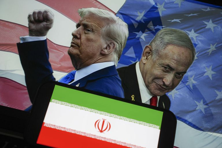 Illustration of President Donald Trump, Israeli Prime Minister Benjamin Netanyahu, and the Iranian flag.