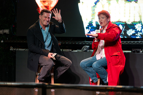 ALBURY, AUSTRALIA - MAY 08: One Nation leader, Pauline Hanson, is interviewed by TV personality, Karl Stefanovic, ahead of the Farrer by-election on May 8, 2026 in Albury, Australia. The May 9 contest, triggered by Sussan Ley's resignation after being ousted as Liberal leader by Angus Taylor in February, has since evolved into a rare four-cornered race between the Liberals, the Nationals, an independent and One Nation — with polling suggesting the minor party could secure as much as 29 percent of the primary vote in the sprawling rural electorate. 
