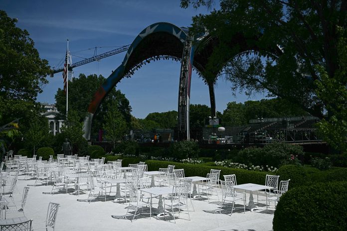 A view of the Rose Garden patio and setup for the upcoming UFC Freedom 250 event, before US President Donald Trump makes an announcement on coal in the Oval Office of the White House in Washington, DC on June 4, 2026. (Photo by Brendan SMIALOWSKI / AFP via Getty Images)