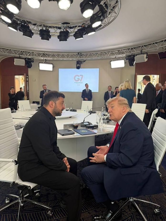 Ukrainian President Volodymyr Zelenskyy meets with US President Donald Trump on the sidelines of the Group of Seven summit in Evian-les-Bains, France on June 16, 2026. (Photo by Ukrainian Presidency / Handout/Anadolu via Getty Images)