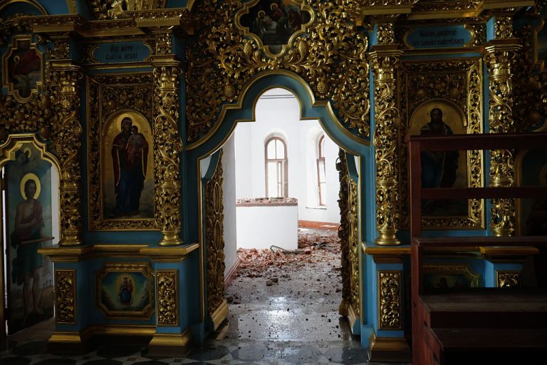 \Bricks and wall debris lie at the site of one of the altars hit by a Russian drone at the Dormition Cathedral of the Kyiv Pechersk Lavra (a UNESCO World Heritage Site) on June 17, 2026 in Kyiv, Ukraine. Workers clear debris at the Dormition Cathedral of the Kyiv Pechersk Lavra, a UNESCO World Heritage Site, after it was damaged in a Russian drone strike on June 15. The attack destroyed the cathedral's roof, damaged one of its altars and destroyed exterior frescoes of Orthodox saints. A fire caused by the strike took nearly 24 hours to extinguish. (Photo by Andriy Zhyhaylo/Oboz.ua/Global Images Ukraine via Getty Images)