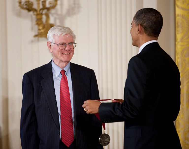 President Barack Obama presents a National Humanities Medal to author, historian and Brown University professor emeritus, Gordon Wood during a ceremony in the East Room of the White House in Washington. (Photo by Brooks Kraft LLC/Corbis via Getty Images)