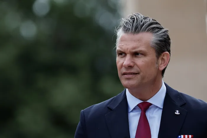 U.S. Defense Secretary Pete Hegseth delivers a speech at the US cemetery to commemorate the 82nd anniversary of the D-Day landings, in Colleville-sur-Mer, Normandy, France, Saturday, June 6, 2026.