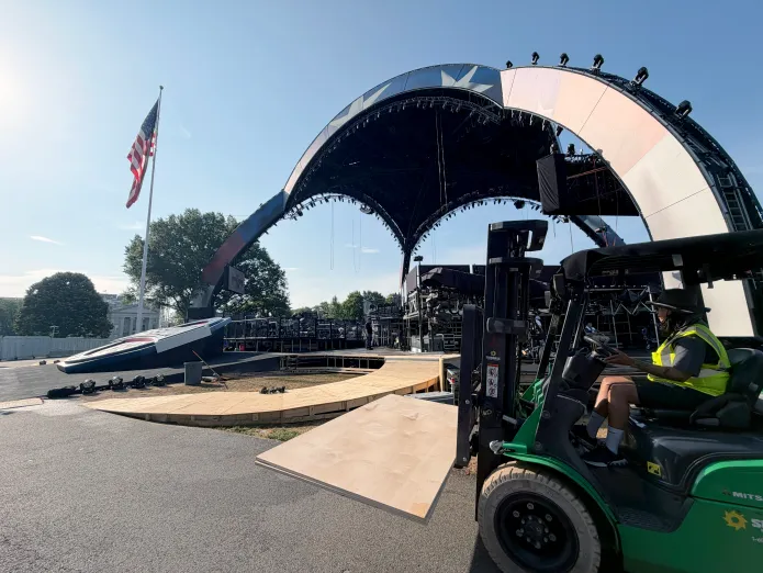 Construction still underway on Thursday, a few days before UFC Freedom 250 is set to take place on Sunday. (Judith Y. Kim/Washington Examiner)