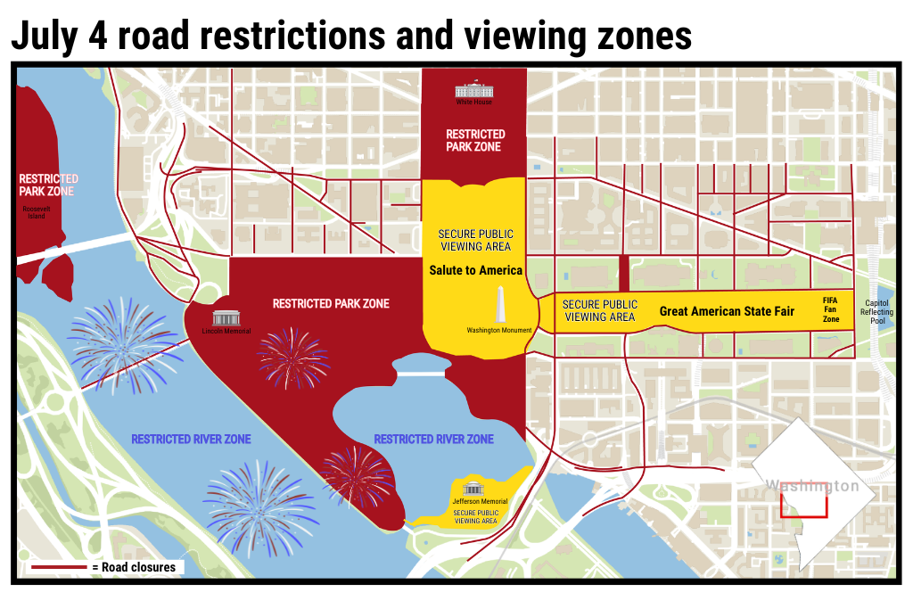 Map of July 4 road restrictions and viewing zones