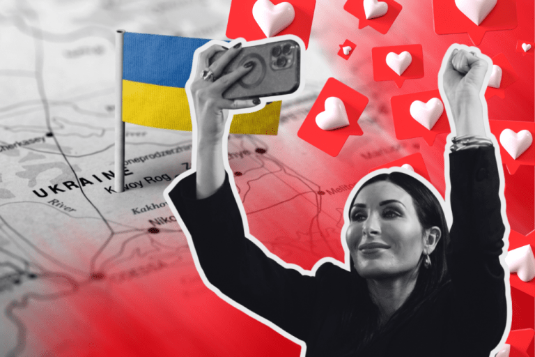 Graphic of Lauren Loomer holding her phone up smiling with a map of Ukraine and social media hearts in the background. (Graphic by Christine Valora/Washington Examiner; photos by AP)