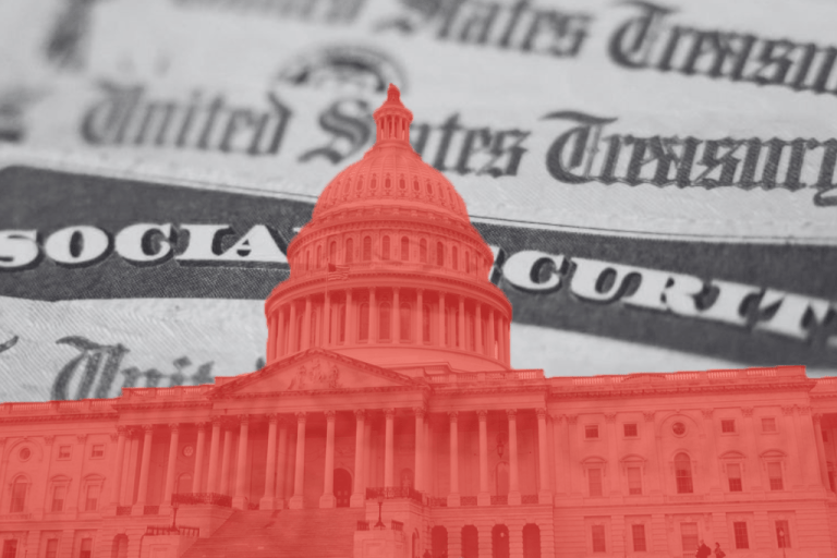 Graphic of Capital Building in red with a Social Security card in background.