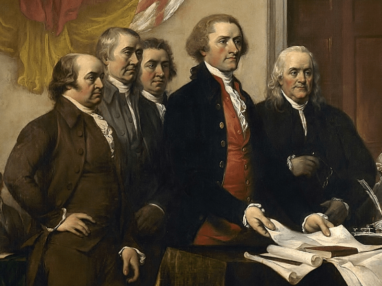 John Trumbull's 1818 painting of the Committee of Five presenting their draft of the Declaration of Independence to the Second Continental Congress in Philadelphia.