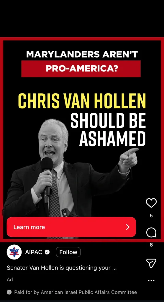 A screenshot of an AIPAC ad against Sen. Chris Van Hollen (D-MD) on Instagram.