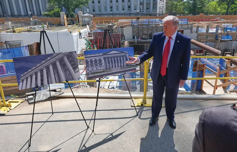 President Donald Trump tours the ballroom construction site at the White House in Washington on May 19. (Jacquelyn Martin/AP)