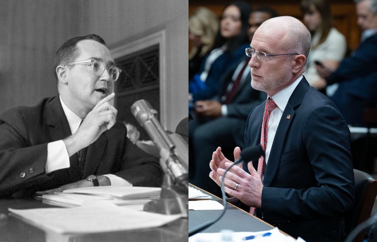 From left: Newton N. Minow in May 1961; Brendan Carr in 2026. (AP Photo; Jose Luis Magana/AP)